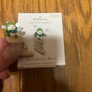 Hallmark Snowman in Boot Ornament - Green and White